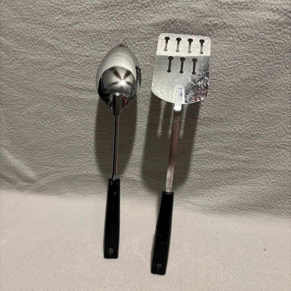 VTG EKCO USA Stainless Keyhole Slotted Spatula Turner black handle and spoon set